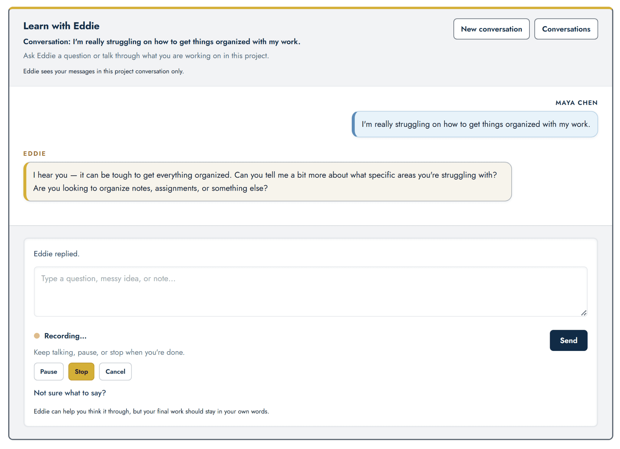 Talk It Out in The Study Coach, with the microphone ready so the learner can speak first.