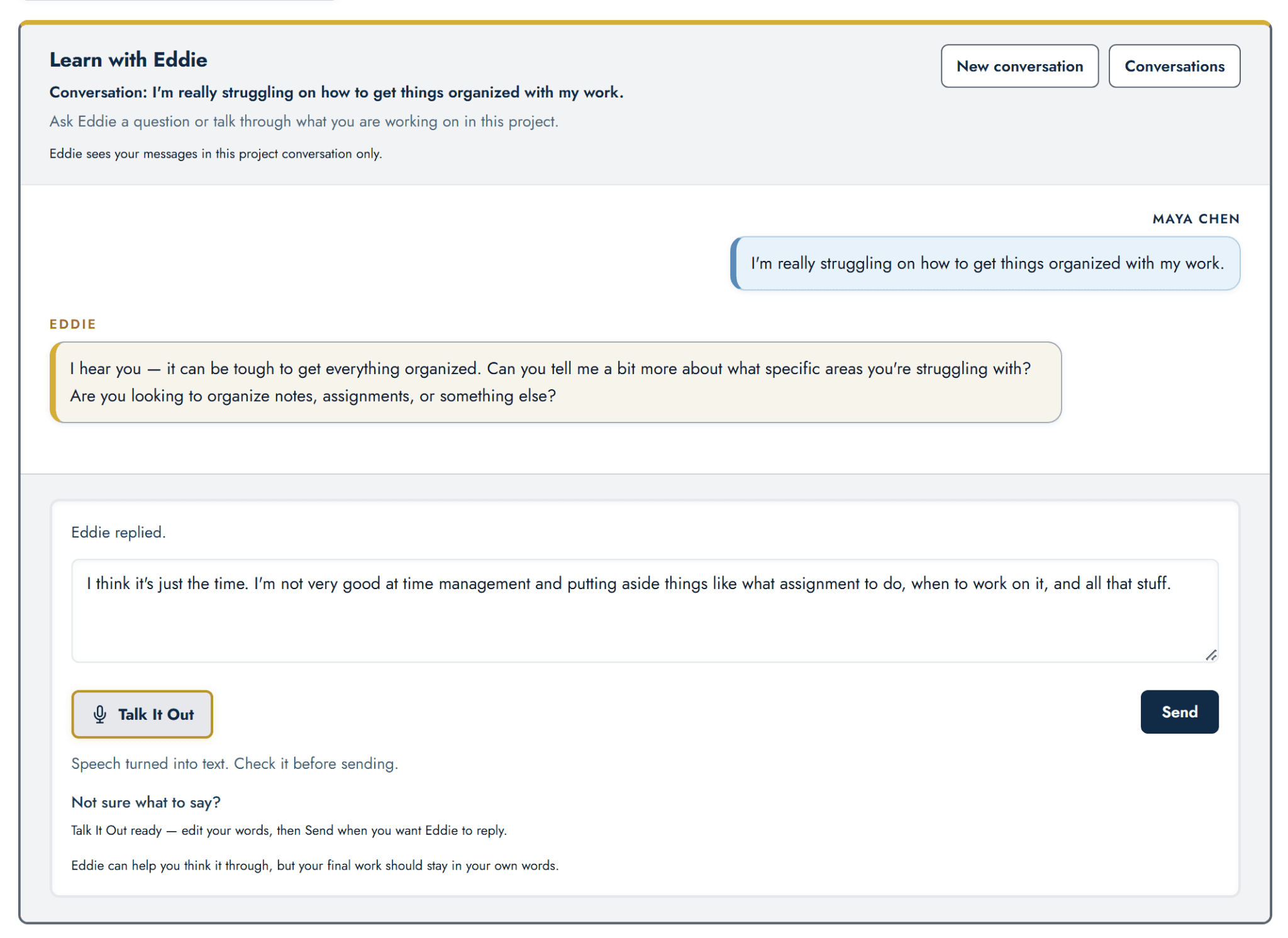 Spoken words turned into editable text in Talk It Out, ready for the learner to review before sending.