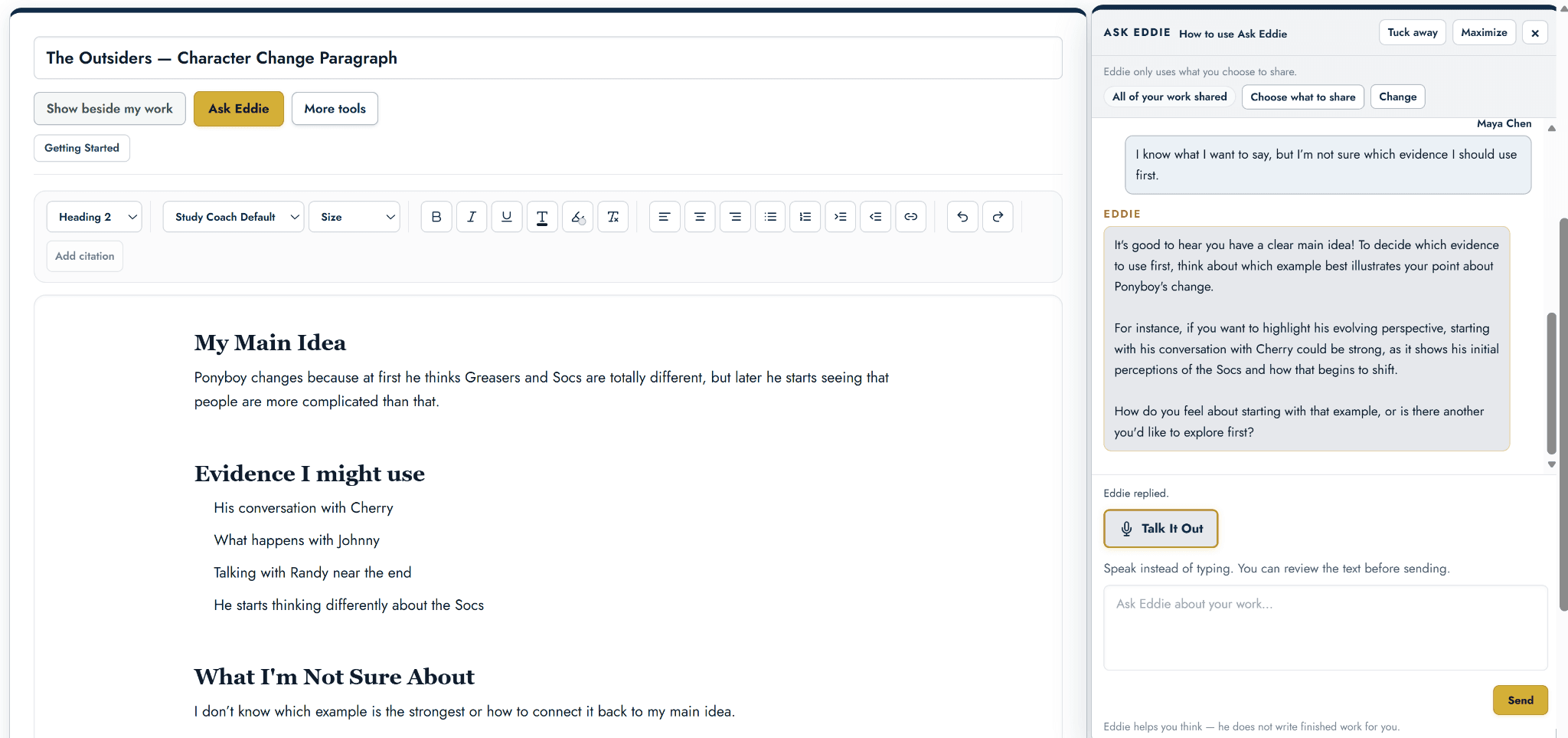 Written English work in The Study Coach with Eddie open beside the page.