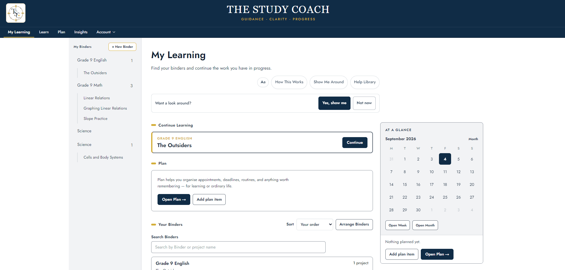 My Learning Home in The Study Coach, showing binders, Plan, and the learner workspace shell.