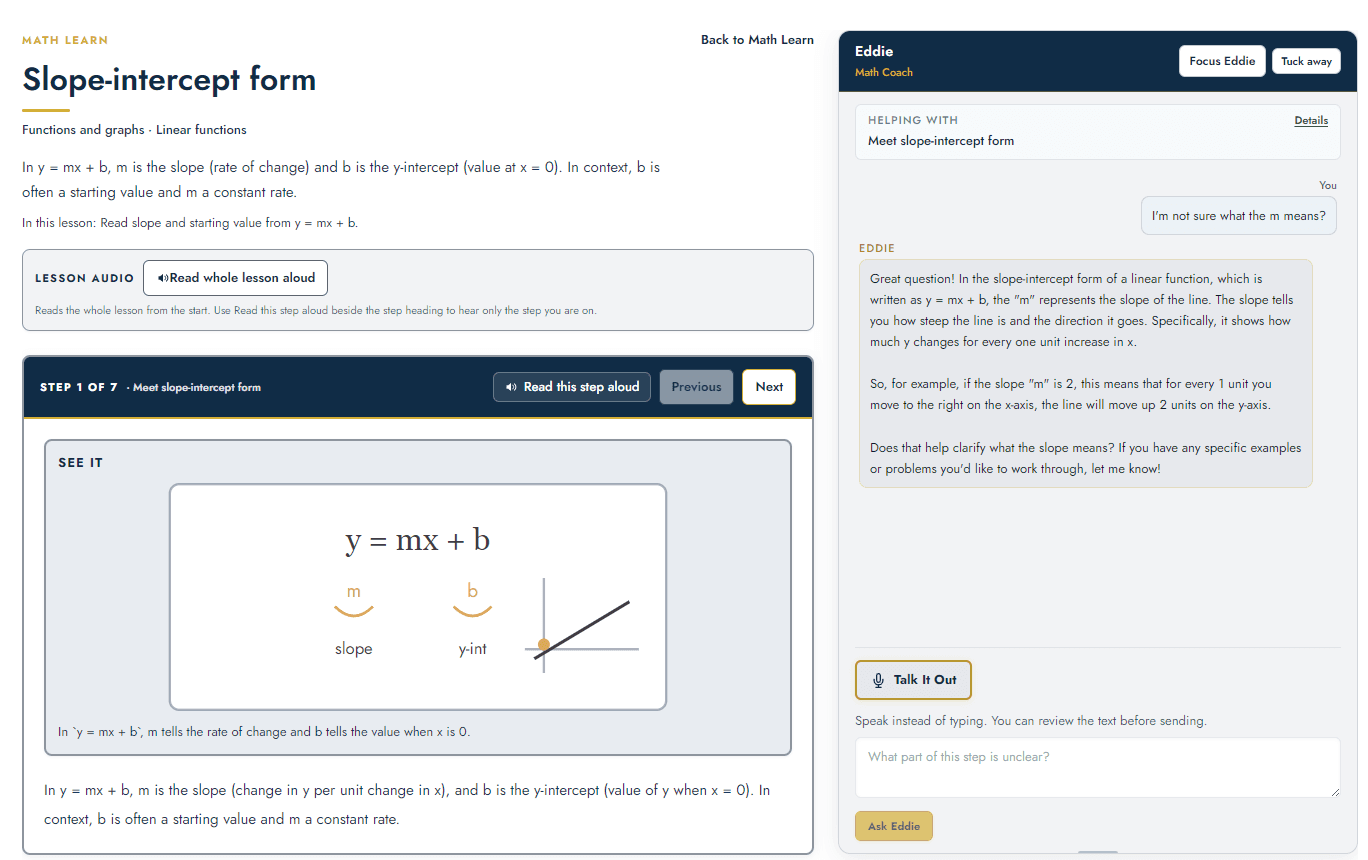 A Math Learn lesson on slope-intercept form with Eddie coaching beside the step.