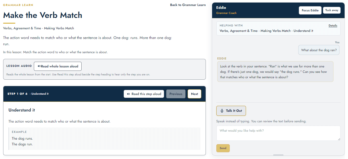 A Grammar Learn lesson with Eddie available beside the lesson.