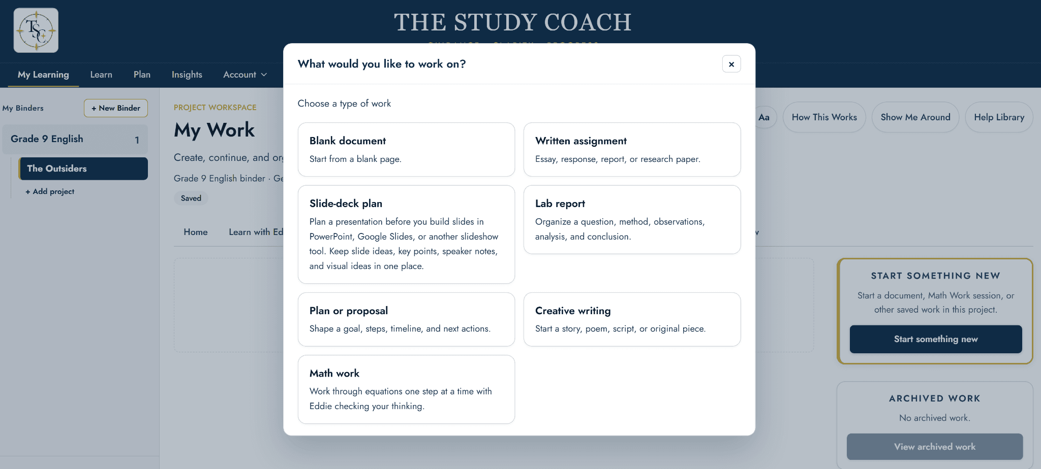The work-type chooser in The Study Coach, showing different kinds of work a learner can start.