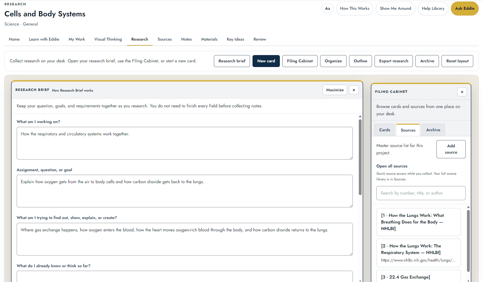 A Research Brief in The Study Coach with the learner’s notes and sources in the workspace.