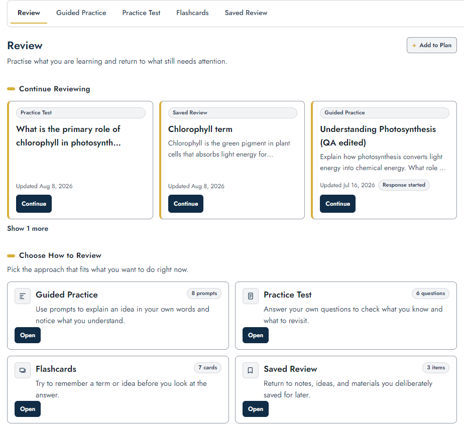 The Review hub showing Saved Review, Flashcards, Guided Practice, and Practice Test.
